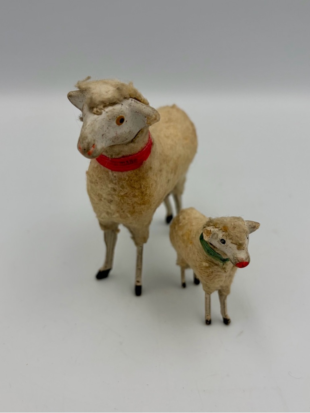 2 Antique German Putz Wooly Sheep Herd Handmade Nativity Primitive Folk Art Pair